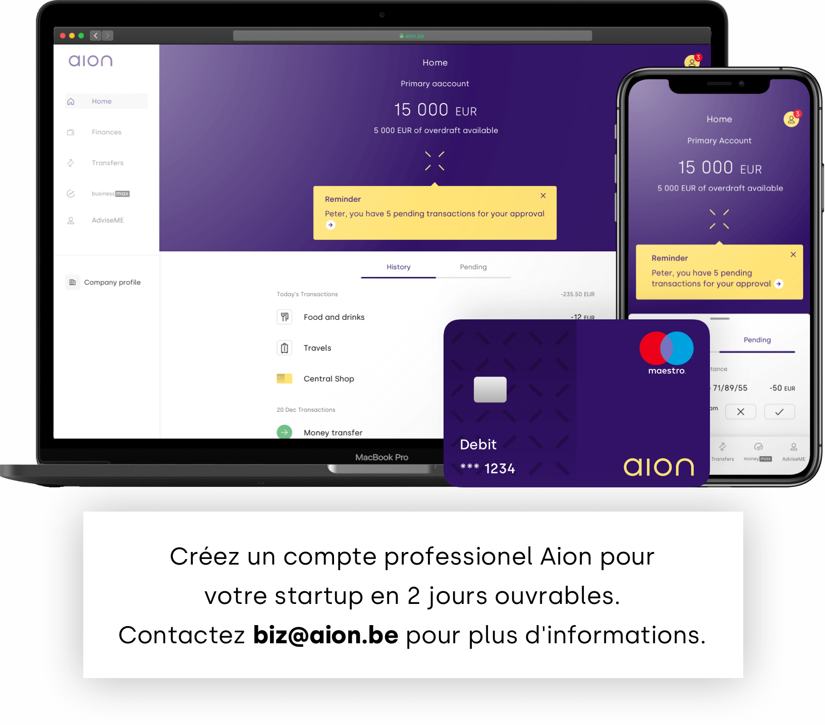Aion Bank business account with transactions and debit card