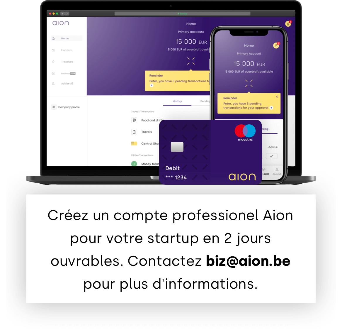 Aion Bank business account with transactions and debit card